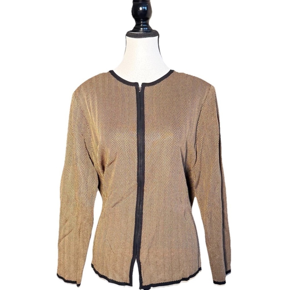 Exclusively Misook Zip Jacket Cardigan SZ PL 3/4 Sleeve Black Gold Herringbone